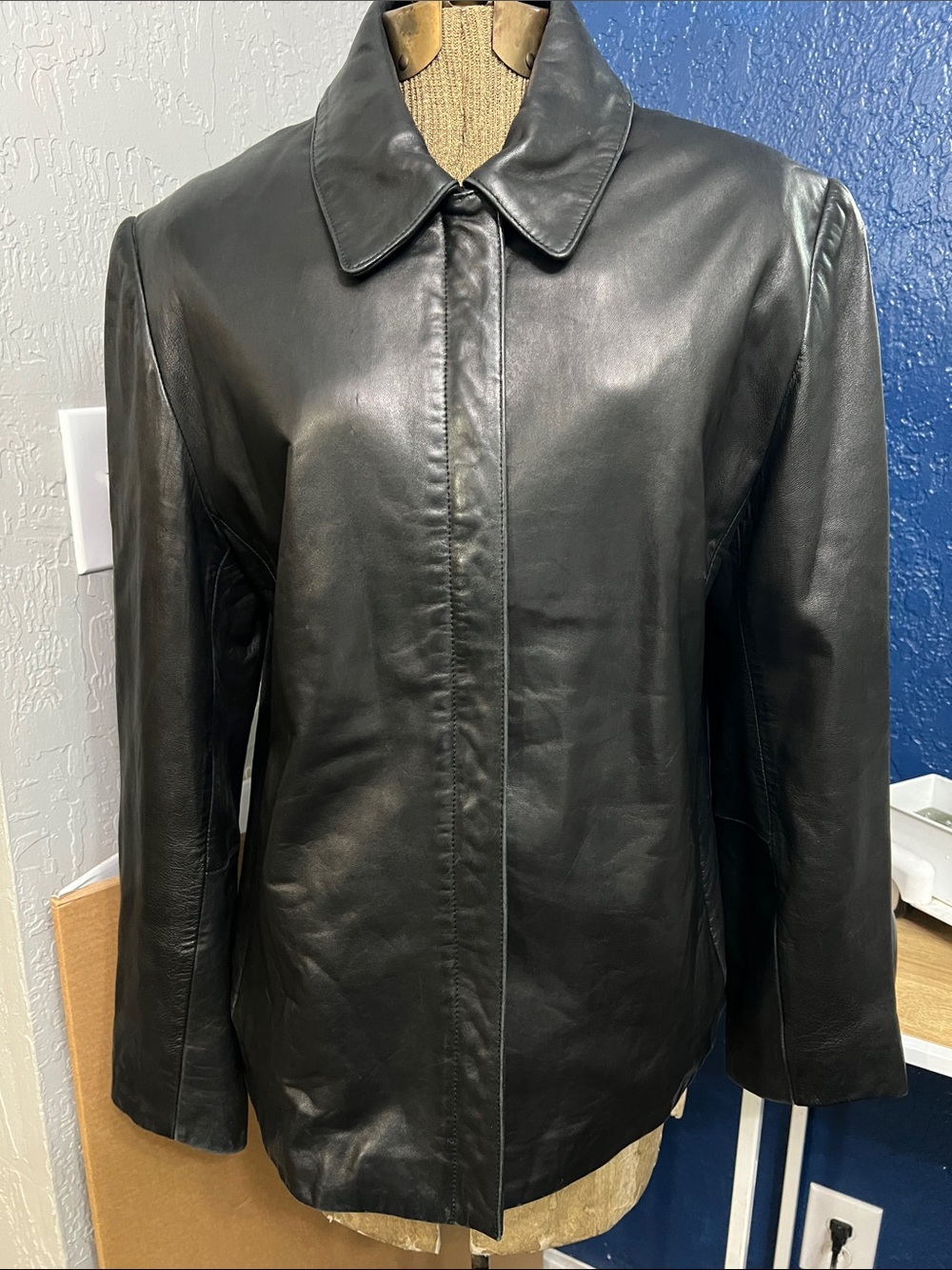 ANNE KLEIN 90S BLACK LEATHER CLASSIC CASUAL RELAXED FIT JACKET LARGE